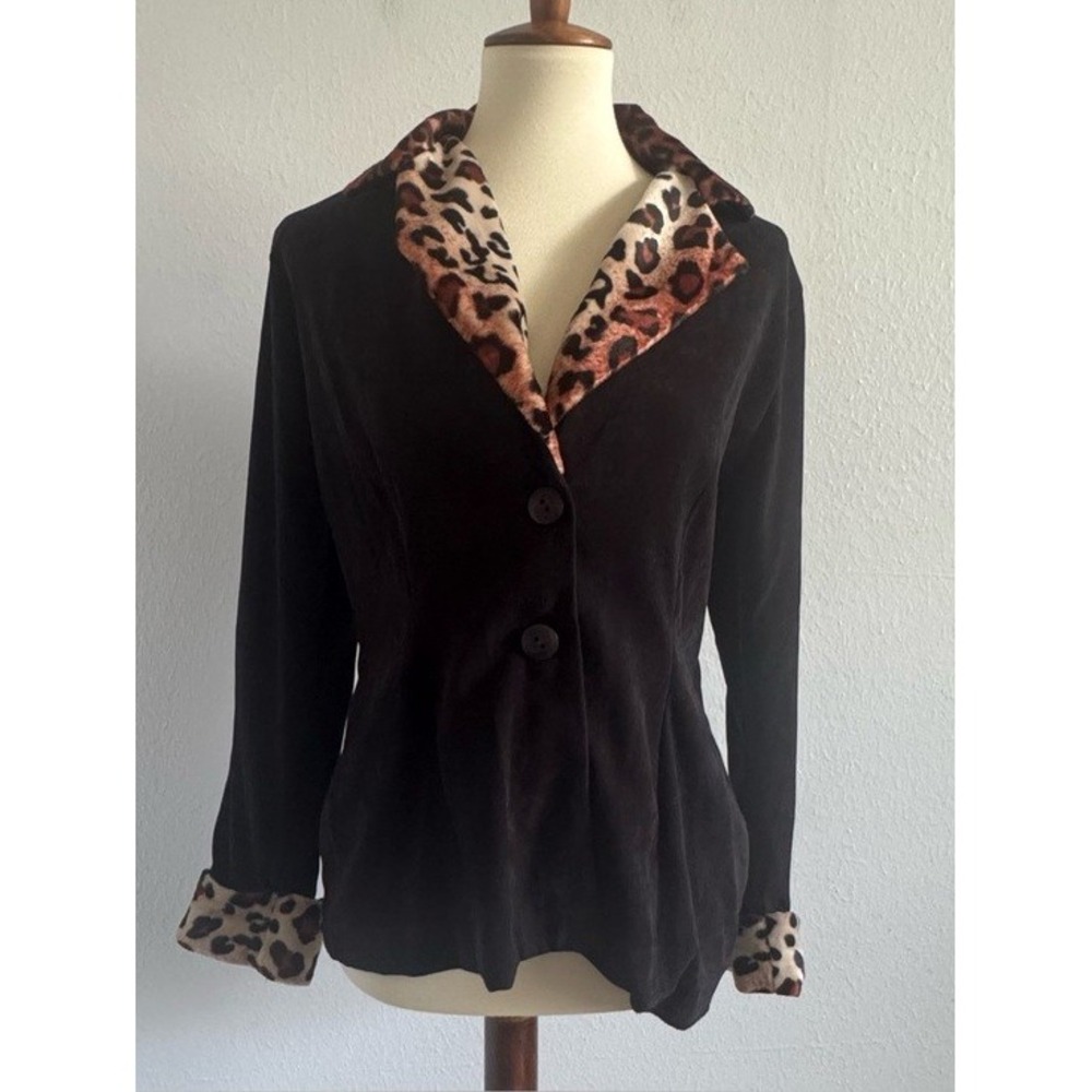 Martram Vintage Style Y2K Black Button Down Blazer Leopard Trim Size Medium